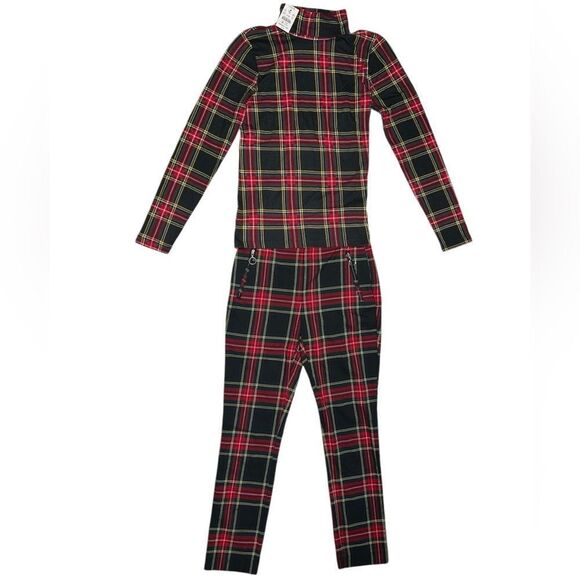 J. Crew & Zara Basics Red and Black Tartan Plaid Turtleneck Matching Ankle Pants - Picture 1 of 12